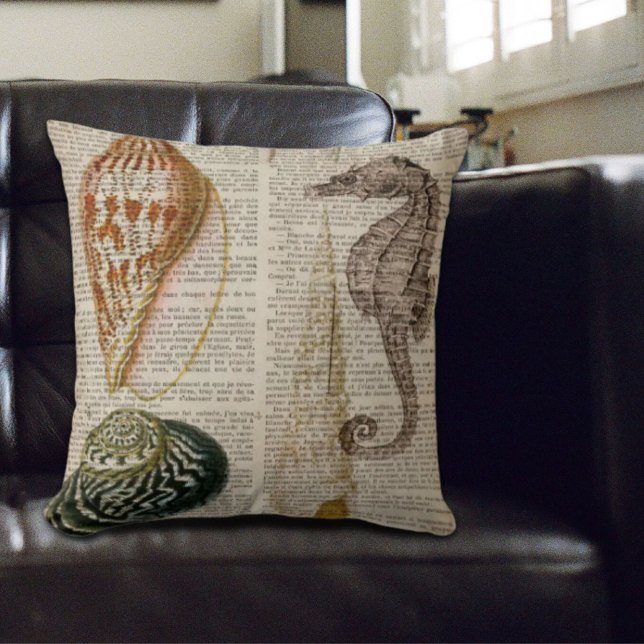 dictionary print french country vintage seashell throw pillow (dictionary print french country vintage seashell throw pillow)