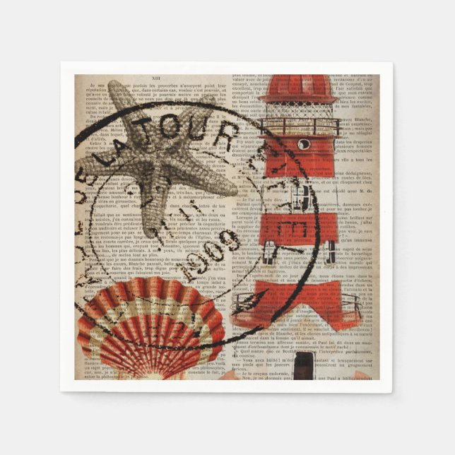 dictionary prints art coastal seashell lighthouse napkins (Front)