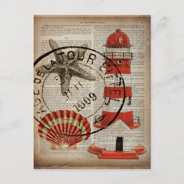 dictionary prints art coastal seashell lighthouse postcard (Front)