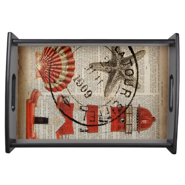 dictionary prints art coastal seashell lighthouse serving tray (Front)