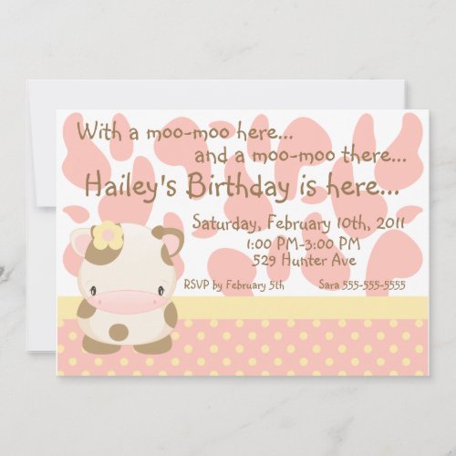 Diddles Farm Moo-Cow Pink Birthday Invitation