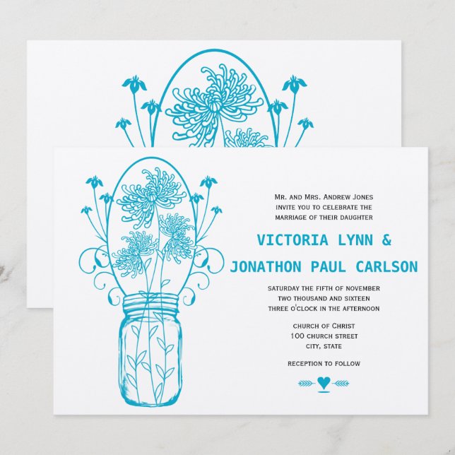 Die Cut Aqua Blue Mason Jar Wildflower Wedding Invitation (Front/Back)