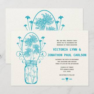Die Cut Aqua Blue Mason Jar Wildflower Wedding Invitation