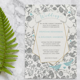Die Cut Aqua Gray Floral Pattern Love Bird Wedding Invitation
