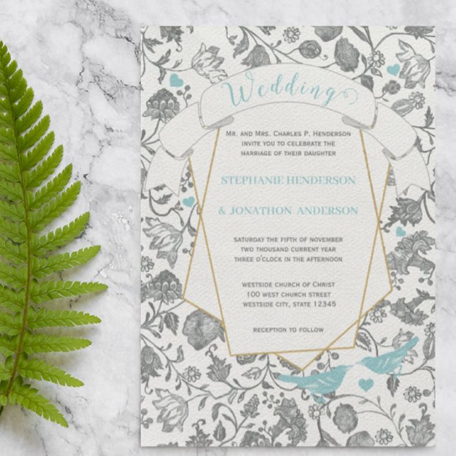 Die Cut Aqua Gray Floral Pattern Love Bird Wedding Invitation (Creator Uploaded)