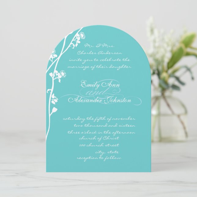 Die Cut Aqua Wild Flower Branch Wedding Invitation (Standing Front)