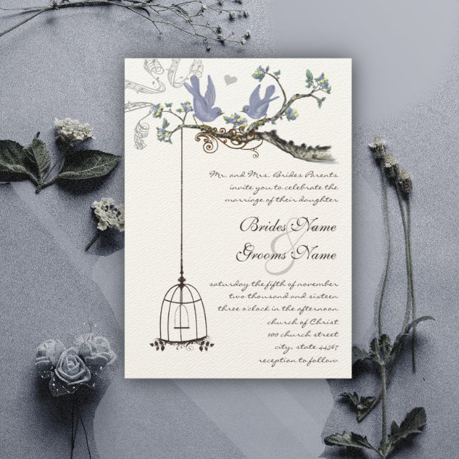 Die Cut Birds Yellow & Purple Blooms Wedding Invitation