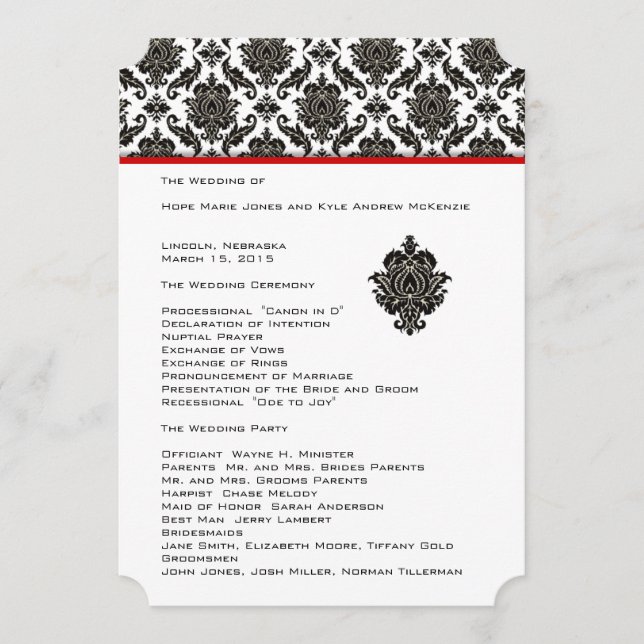 Die Cut Black Damask Red Trim Wedding Program (Front)