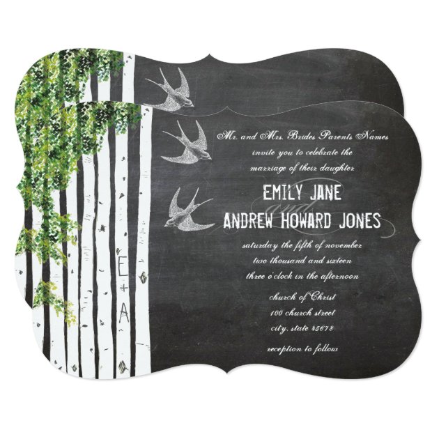 Die Cut Chalkboard Love Bird Birch Tree Wedding Invitation