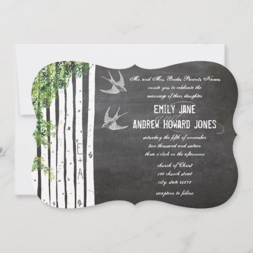 Vintage Chalkboard Love Bird Birch Tree Wedding Cards