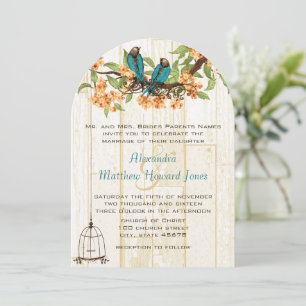 Die Cut Coral and Mint Vintage Love Birds Invitation