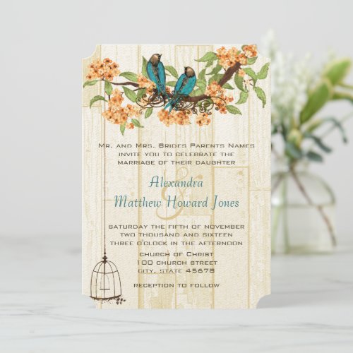 Die Cut Coral and Mint Vintage Love Birds Invitation