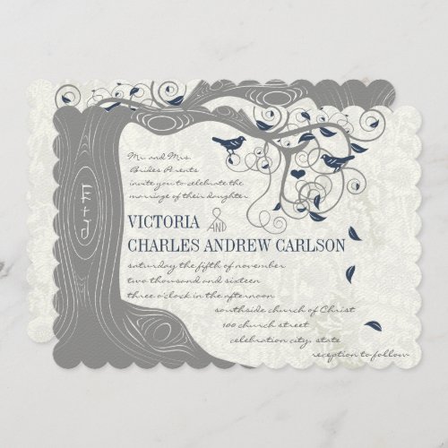 Die Cut Gray Navy Love Bird Wedding Invitations