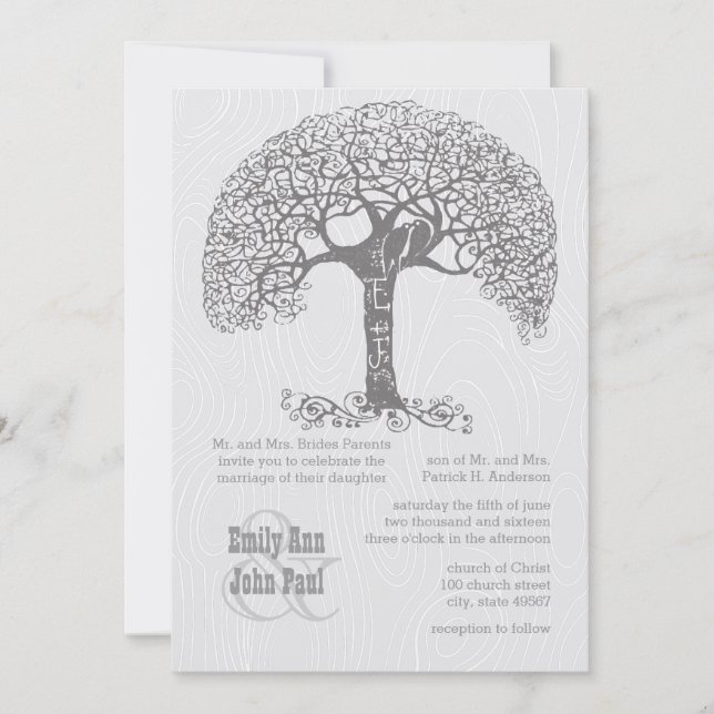 Die Cut Gray Romantic Tree Love Bird Woodgrain Invitation (Front)