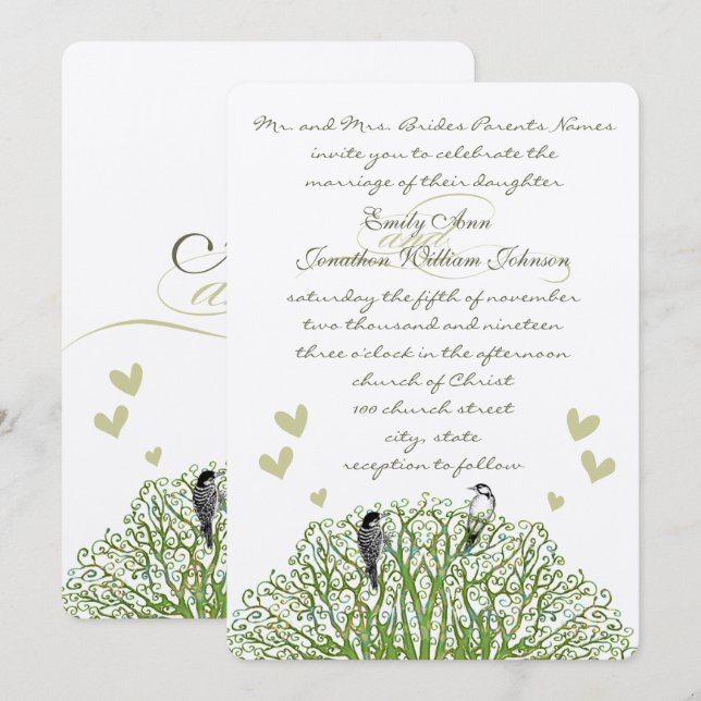 Die Cut Love Bird Green Tree Wedding Invitation (Front/Back)