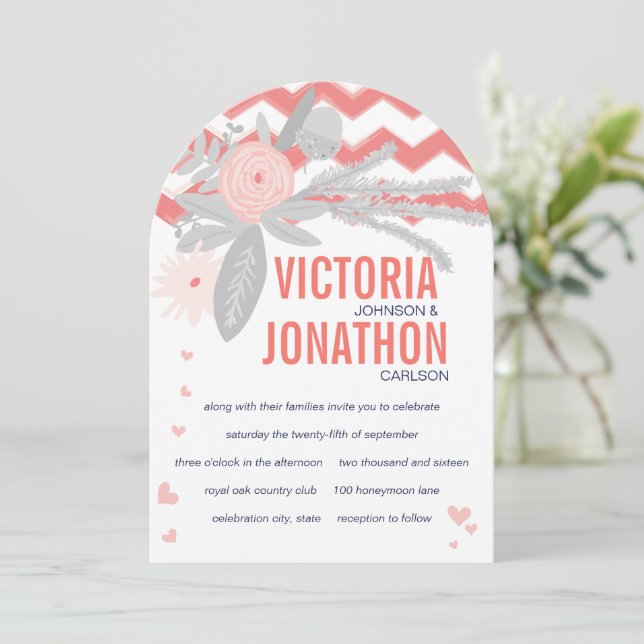 Die Cut Peachy Pink Gray Navy Floral Fauna Wedding Invitation (Standing Front)