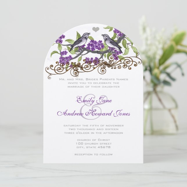 Die Cut Purple Gray Love Birds Wedding Invite (Standing Front)