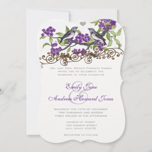 Die Cut Purple Gray Love Birds Wedding Invite