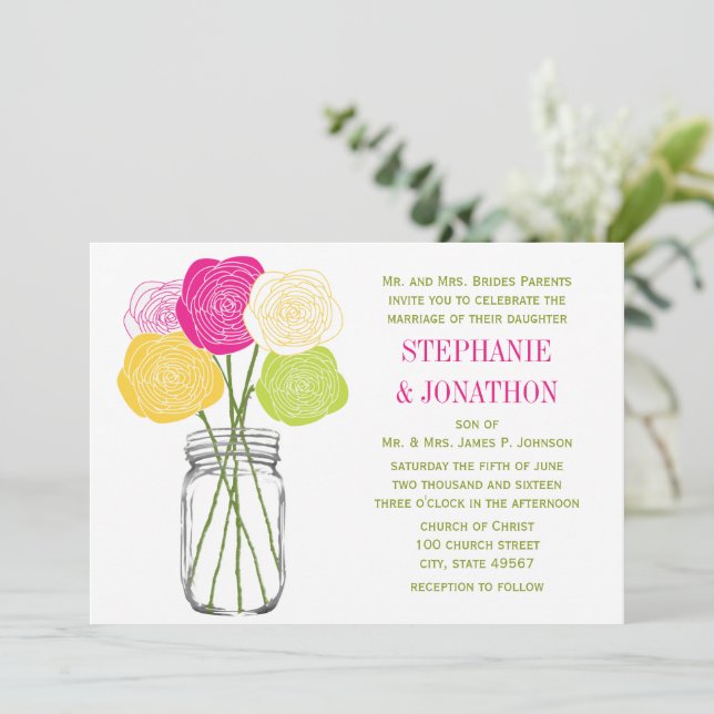 Die Cut Ranunculus Rose Lime Pink Yellow Mason Jar Invitation (Standing Front)
