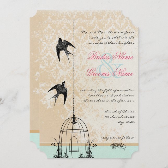 Die Cut Rustic Love Bird Birdcage Wedding Invitation (Front/Back)