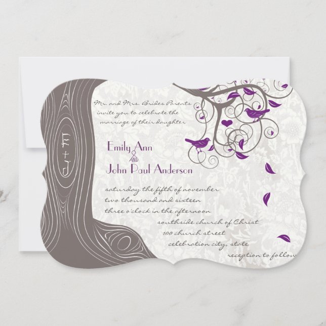Die Cut Violet Bird Romantic Initials in the Trunk Invitation (Front)
