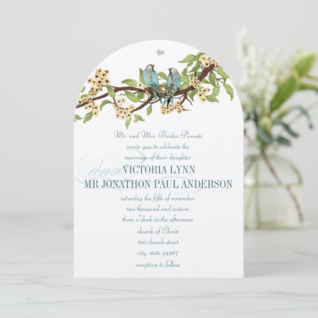 Die Cut Yellow Flowers Teal Aqua Bluebird Wedding Invitation (Standing Front)