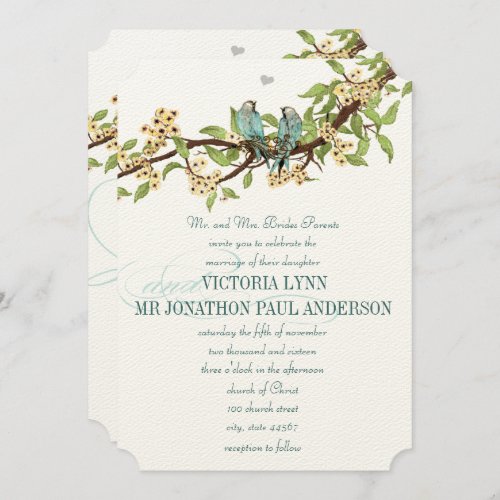 Die Cut Yellow Flowers Teal Aqua Bluebird Wedding Invitation