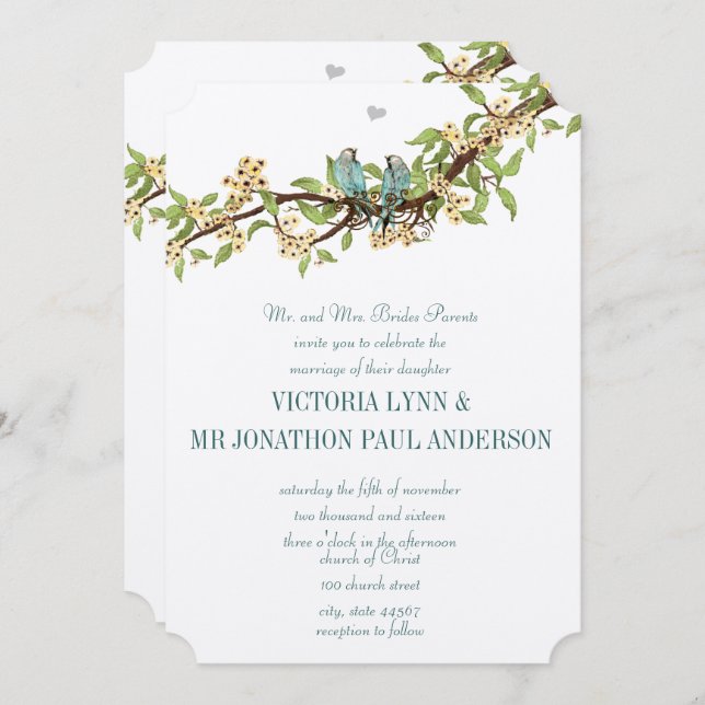 Die Cut Yellow Teal Aqua Blue Bird Wedding Invites (Front/Back)