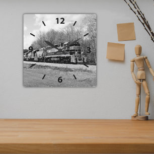 Diesel Engine Springtime Train B&W Square Wall Clock