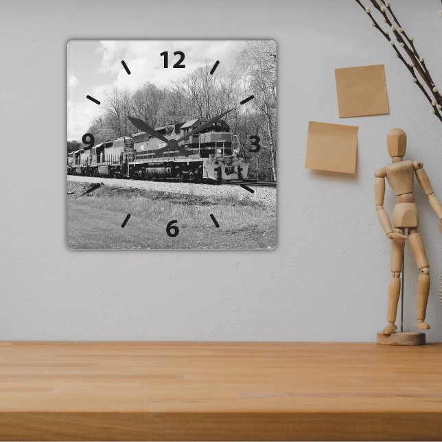 Diesel Engine Springtime Train B&W Square Wall Clock (Creator Uploaded)