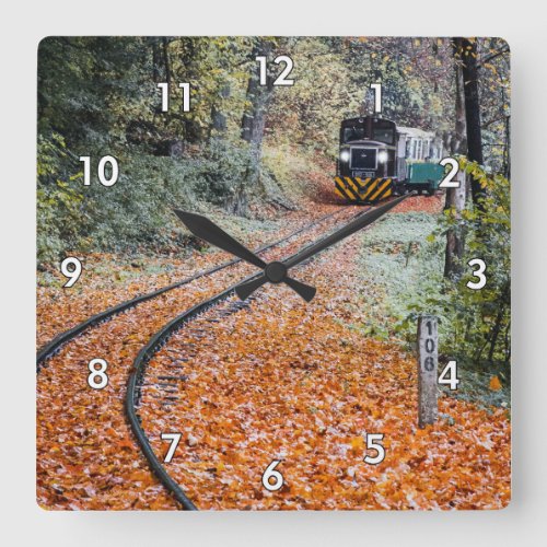 Diesel Locomotive Train Moving in Trees  Leaves Square Wall Clock