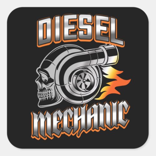 Diesel Mechanic Turbocharger Skull Square Sticker