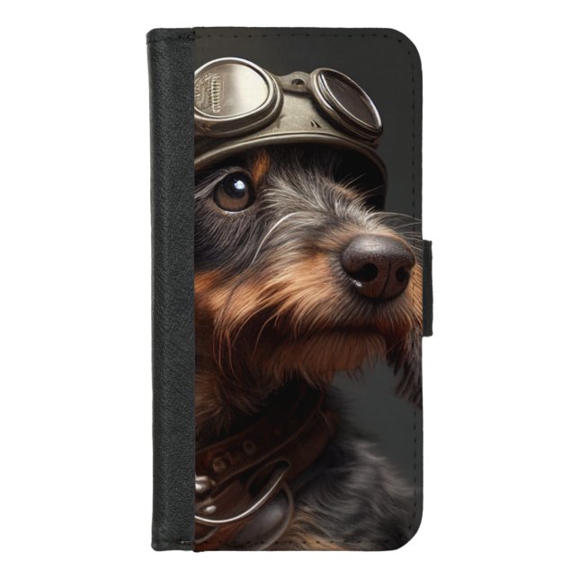 Dieselpunk Wirehaired Dachshund Steampunk Goggles iPhone Wallet Case (Front)