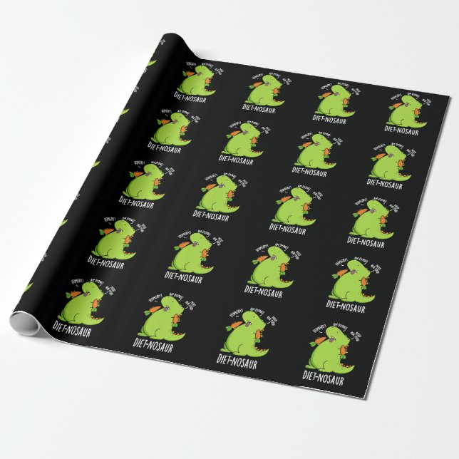 Diet-nosaur Funny Dinosaur Puns Dark BG Wrapping Paper (Unrolled)