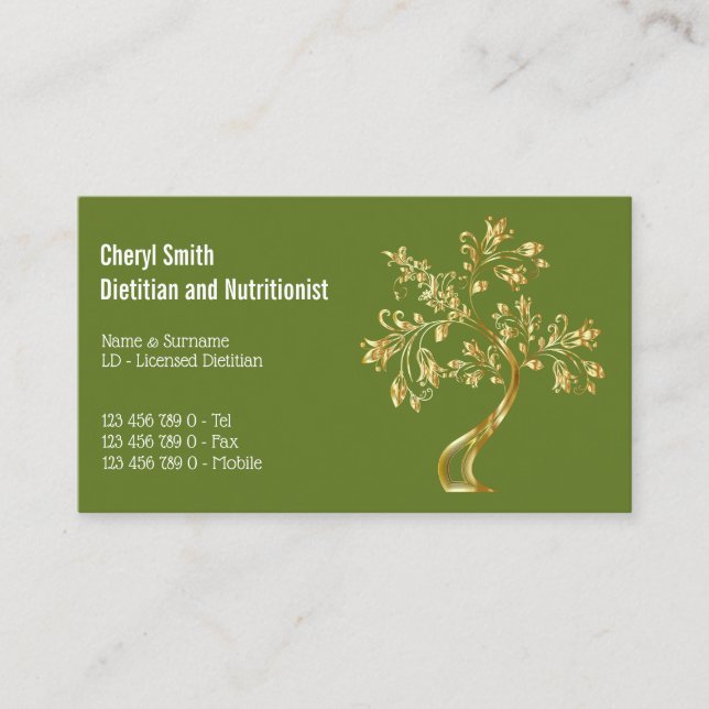 Dietitian gold green tree of life elegant chic business card (Front)