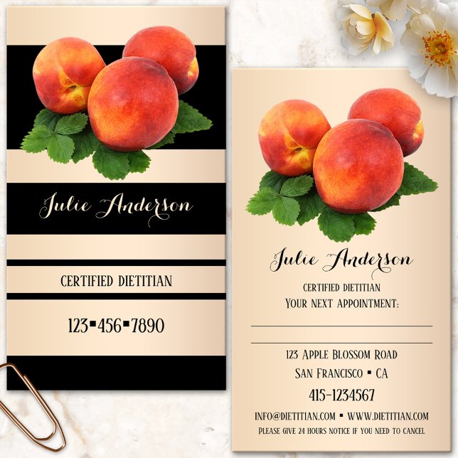 Dietitian Nutritionist Appointment Business Card (Nutritionist business card featuring a striped design in black and light rose gold with peaches)