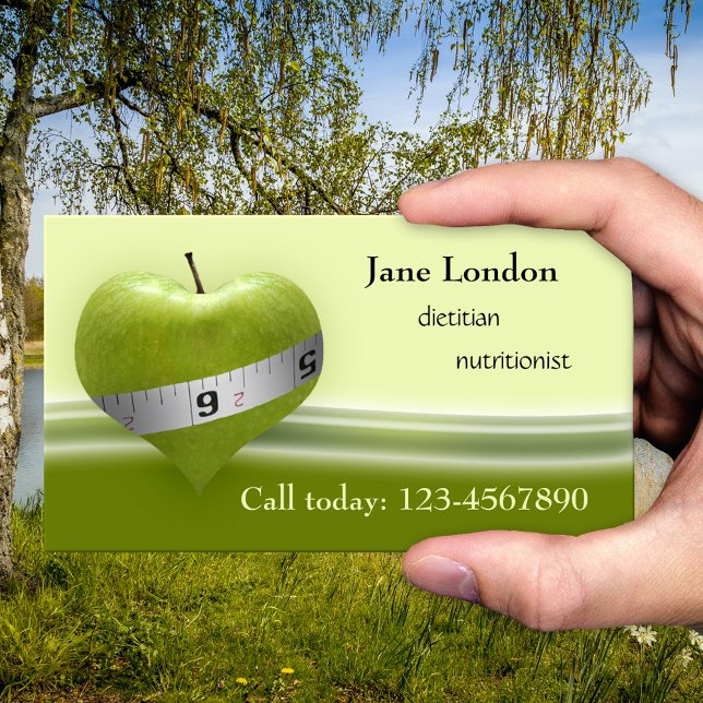 Dietitian Nutritionist Green Heart Business Card (Business card for a nutritionist or dietitian showing an apple in heart shape with a measuring tape)