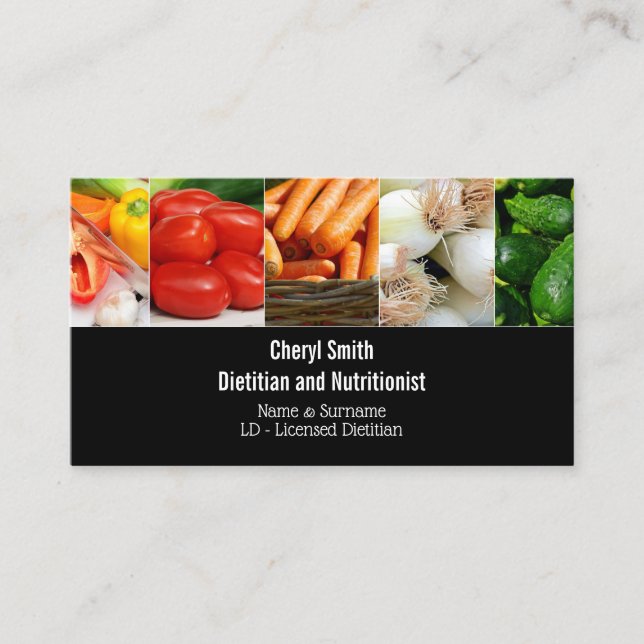 Dietitian vegetable photo collage on black business card (Front)