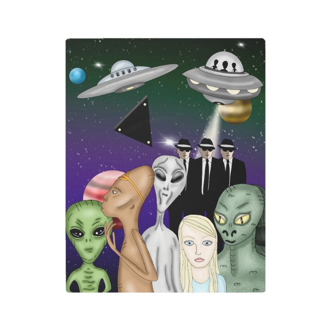Different Alien Species, UFO, Planets Artwork   Metal Print (Front)