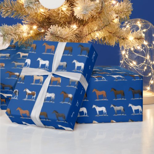Different Coats and Colors of  Horses Blue Wrapping Paper