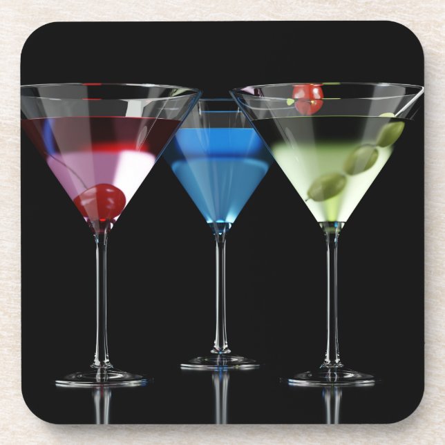 Different cocktails in martini glasses on black beverage coaster (Front)