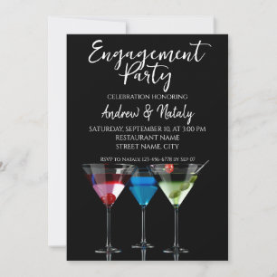 Different cocktails in martini glasses on black invitation