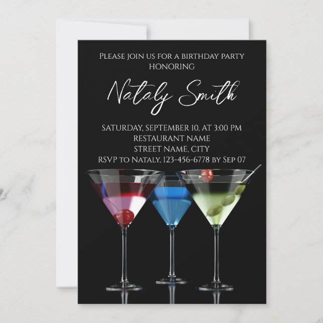 Different cocktails in martini glasses on black invitation (Front)