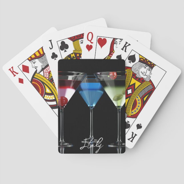 Different cocktails in martini glasses on black poker cards (Back)