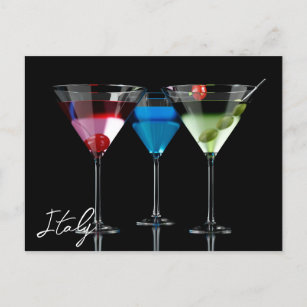 Different cocktails in martini glasses on black postcard