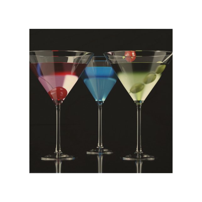 Different cocktails in martini glasses on black wood wall art (Front)