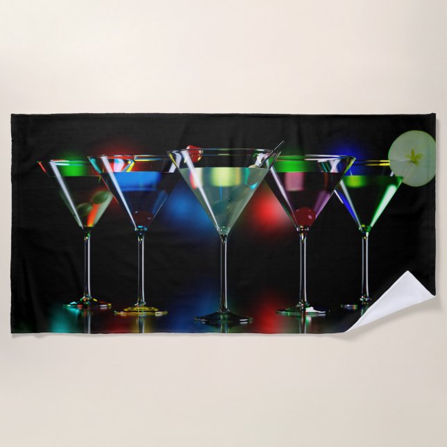 Different cocktails in martini glasses with lights beach towel (Front)
