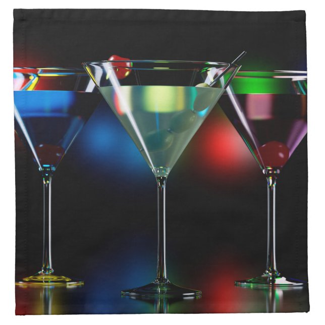 Different cocktails in martini glasses with lights cloth napkin (Front)