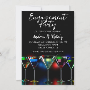 Different cocktails in martini glasses with lights invitation