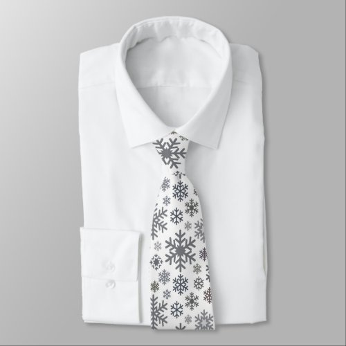 Different Gray Snowflakes on White, Holiday Xmas Neck Tie